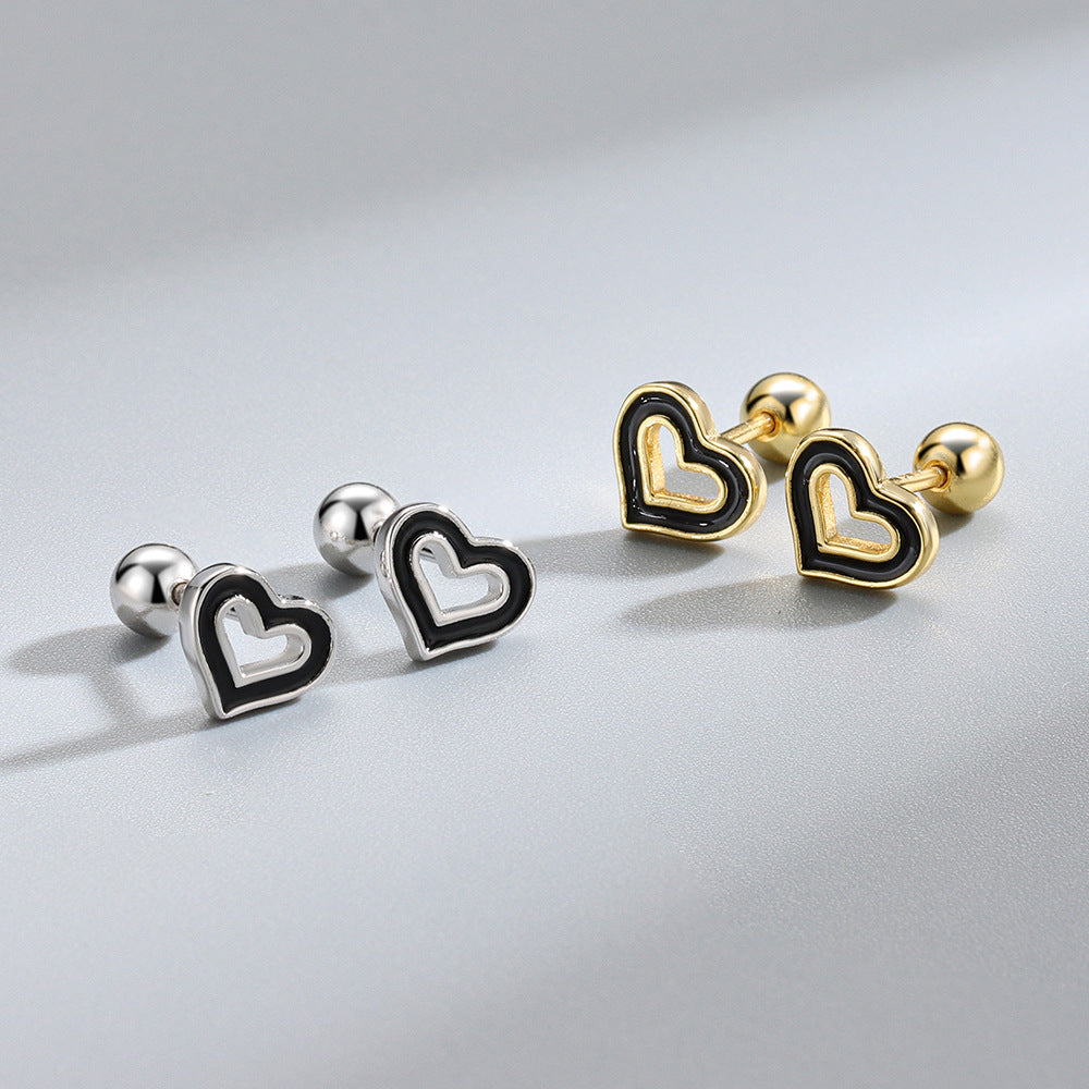 Cute Heart Black Epoxy 925 Sterling Silver stud Earrings