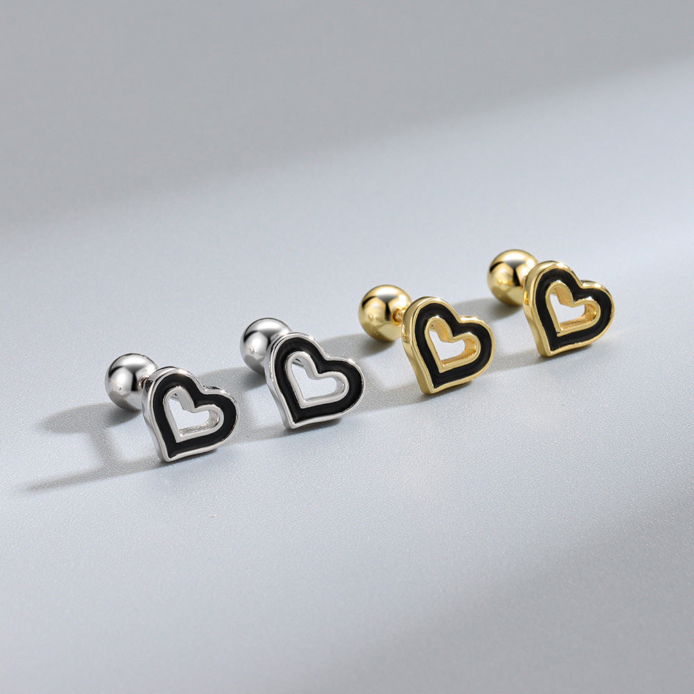 Cute Heart Black Epoxy 925 Sterling Silver stud Earrings