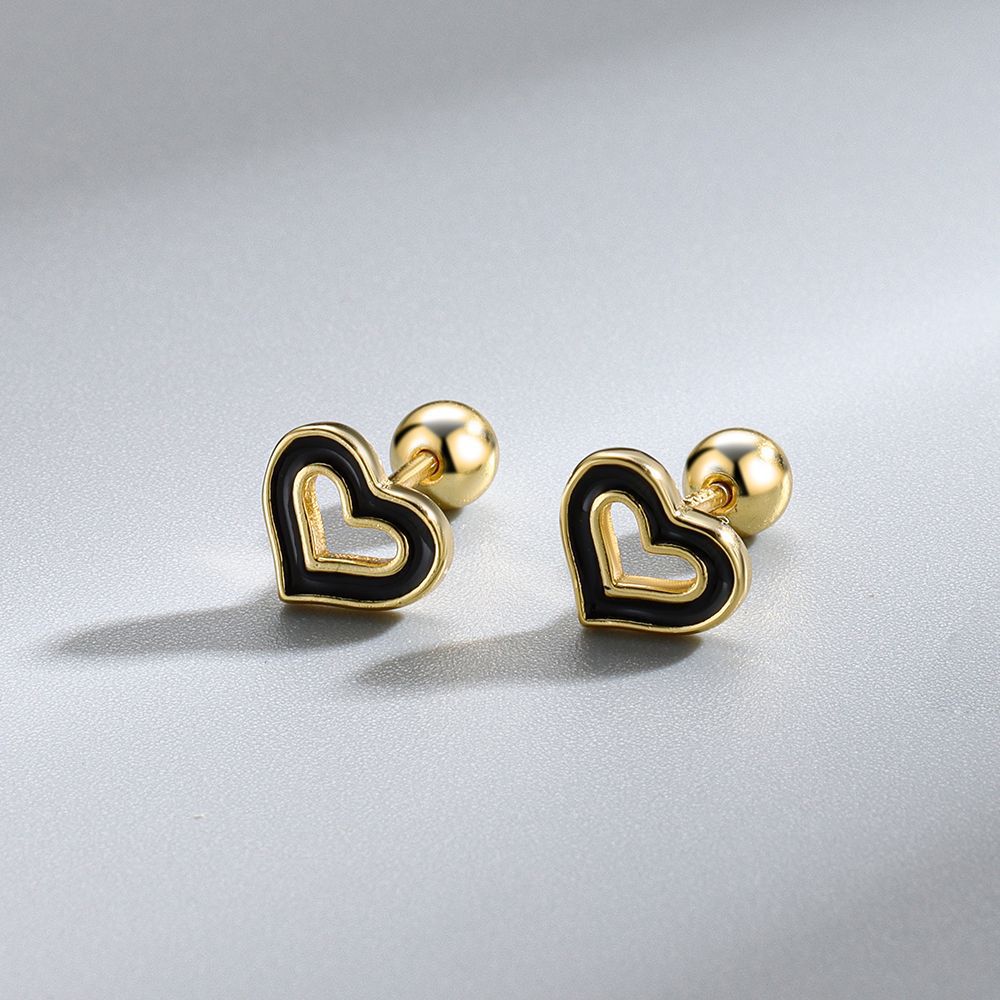 Cute Heart Black Epoxy 925 Sterling Silver stud Earrings