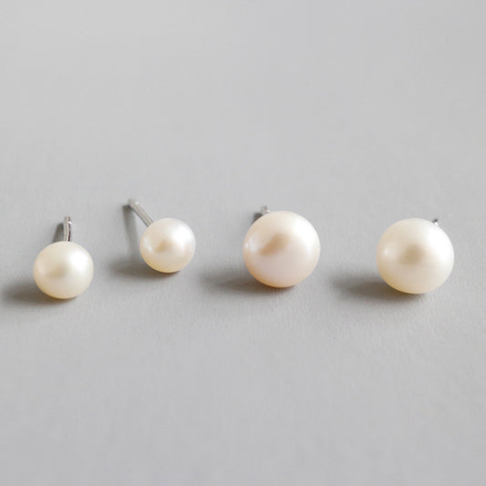 Simple Round Natural Pearls 925 Sterling Silver Stud Earrings