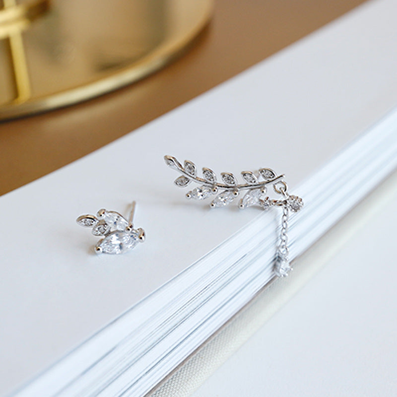 Asymmetry CZ Leaves Branch 925 Sterling Silver Stud Earrings