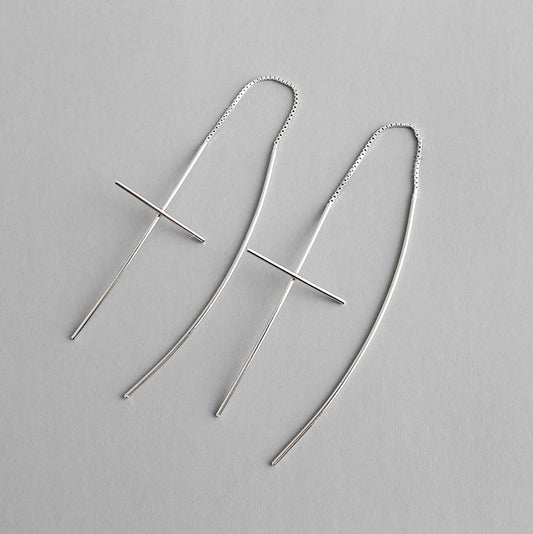 Fashion Line Cross 925 Sterling Silver Thread Dangling Earrings