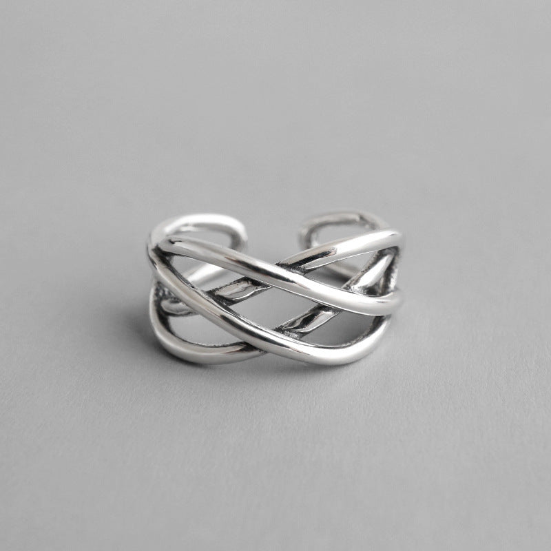 Vintage Lines Cross Twisted 925 Sterling Silver Adjustable Ring