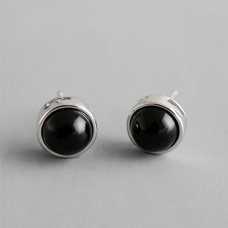 Simple Round Natural Agate 925 Sterling Silver Stud Earrings