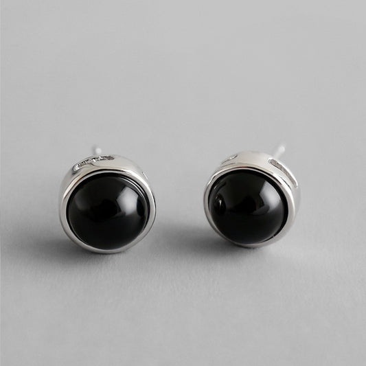 Simple Round Natural Agate 925 Sterling Silver Stud Earrings