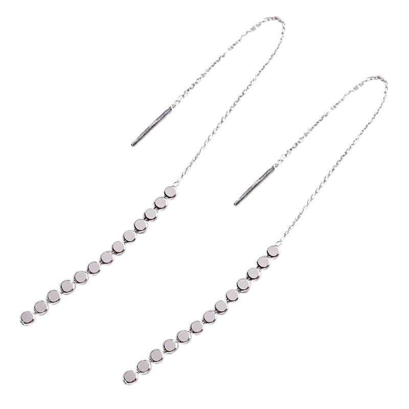 Elegant Flat Beads Tassels  925 Sterling Silver Thread Dangling Earrings