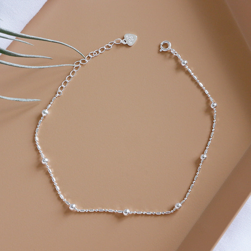 Girl Simple Tube Ball Chain 925 Sterling Silver Anklet