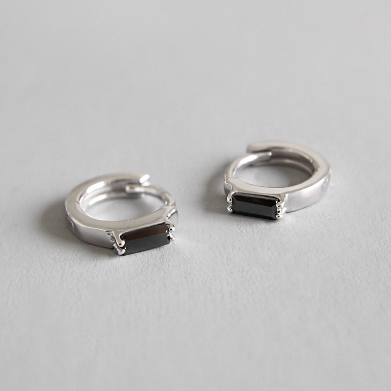 Simple Geometry Black CZ Rectangle 925 Sterling Silver Hoop Earrings