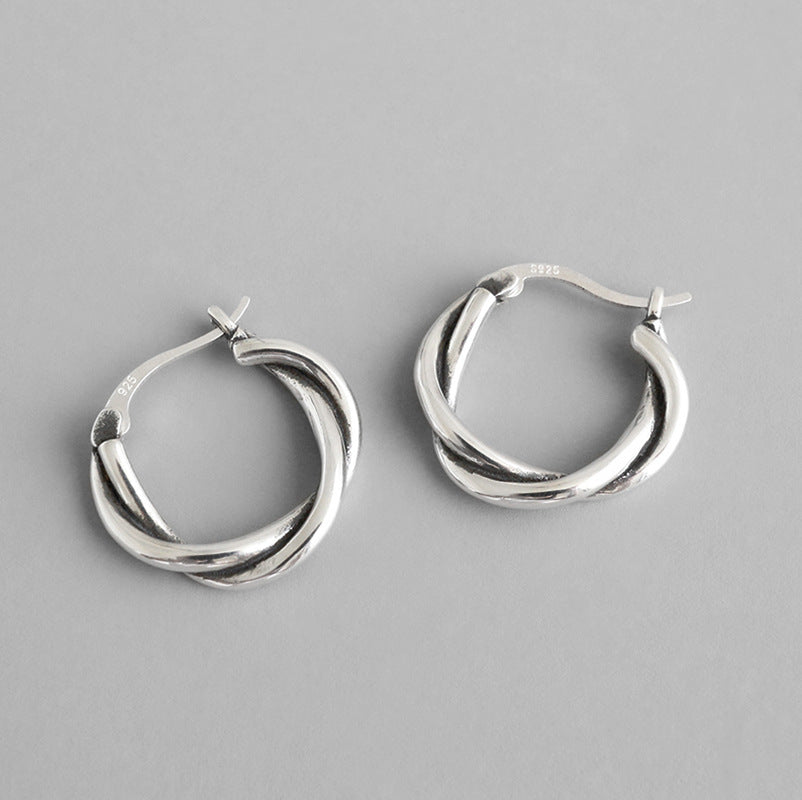 Vintage Twisted Cross Circle 925 Sterling Silver Hoop Earrings