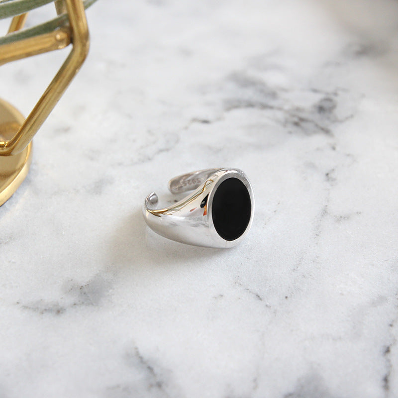 Geometry Round Black Epoxy 925 Sterling Silver Adjustable Ring