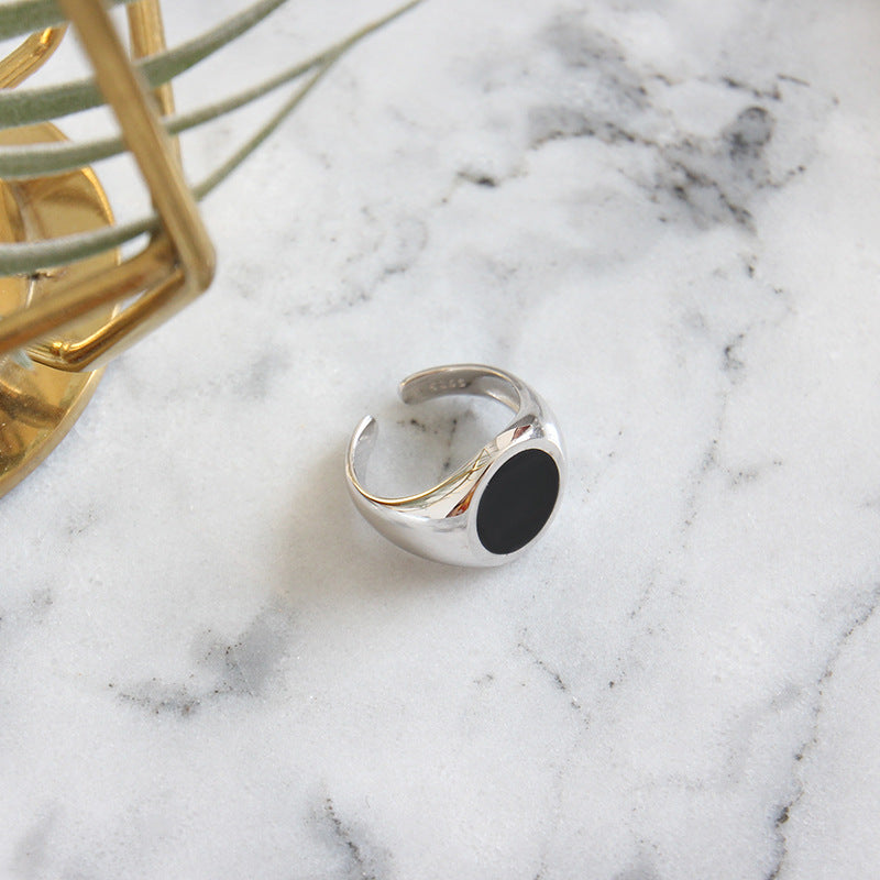 Geometry Round Black Epoxy 925 Sterling Silver Adjustable Ring