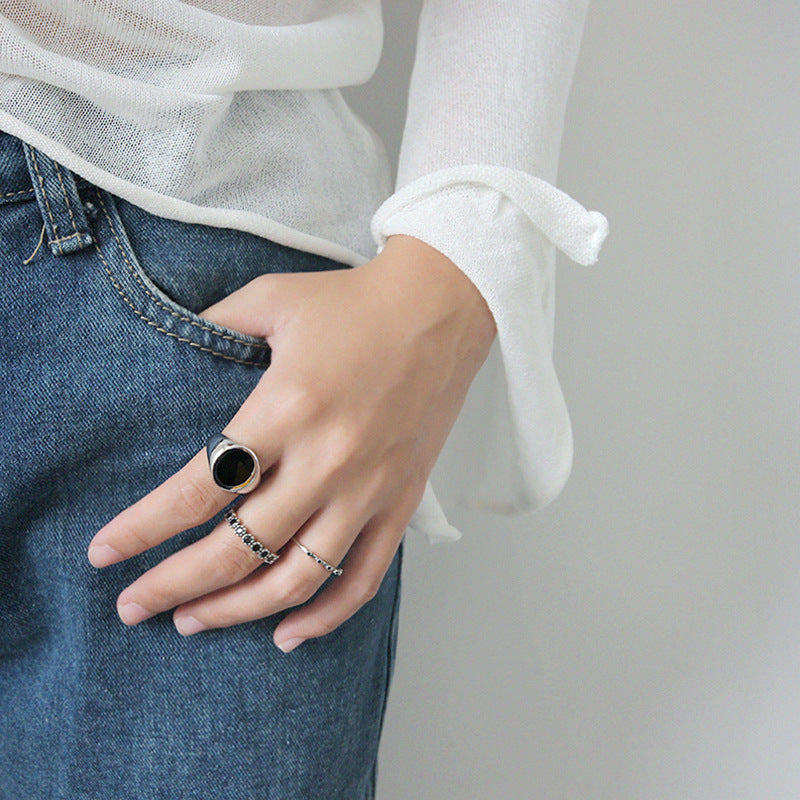 Geometry Round Black Epoxy 925 Sterling Silver Adjustable Ring