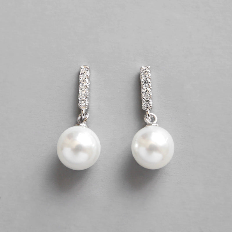 Elegant Round Shell Pearl CZ 925 Sterling Silver Stud Earrings