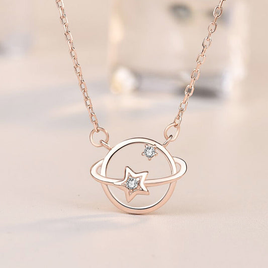 Lady Hollow CZ Star Planet 925 Sterling Silver Necklace