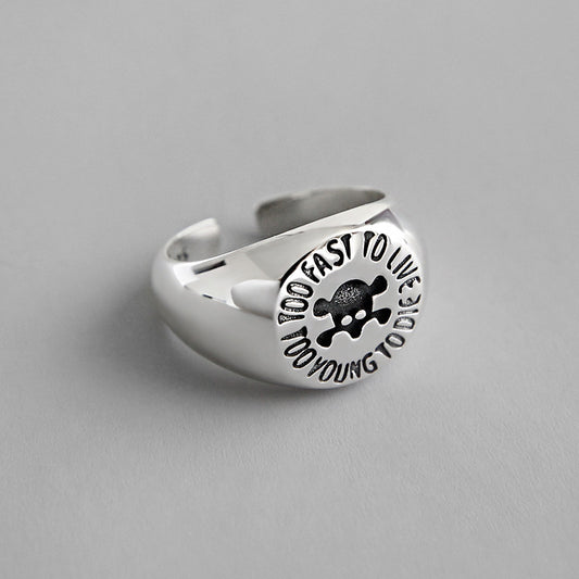 Vintage Skull Head Too fast to live too young to die Letters 925 Sterling Silver Adjustable Ring