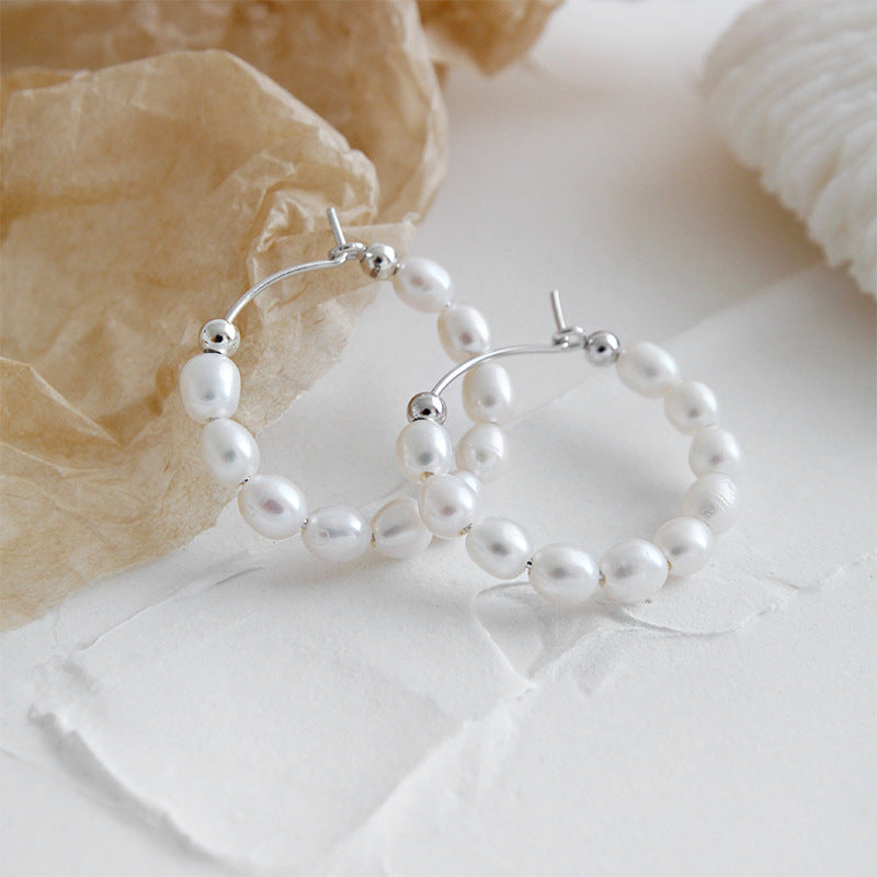 Elegant Natural Pearls Circles 925 Sterling Silver Hoop Earrings