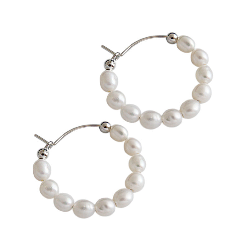 Elegant Natural Pearls Circles 925 Sterling Silver Hoop Earrings