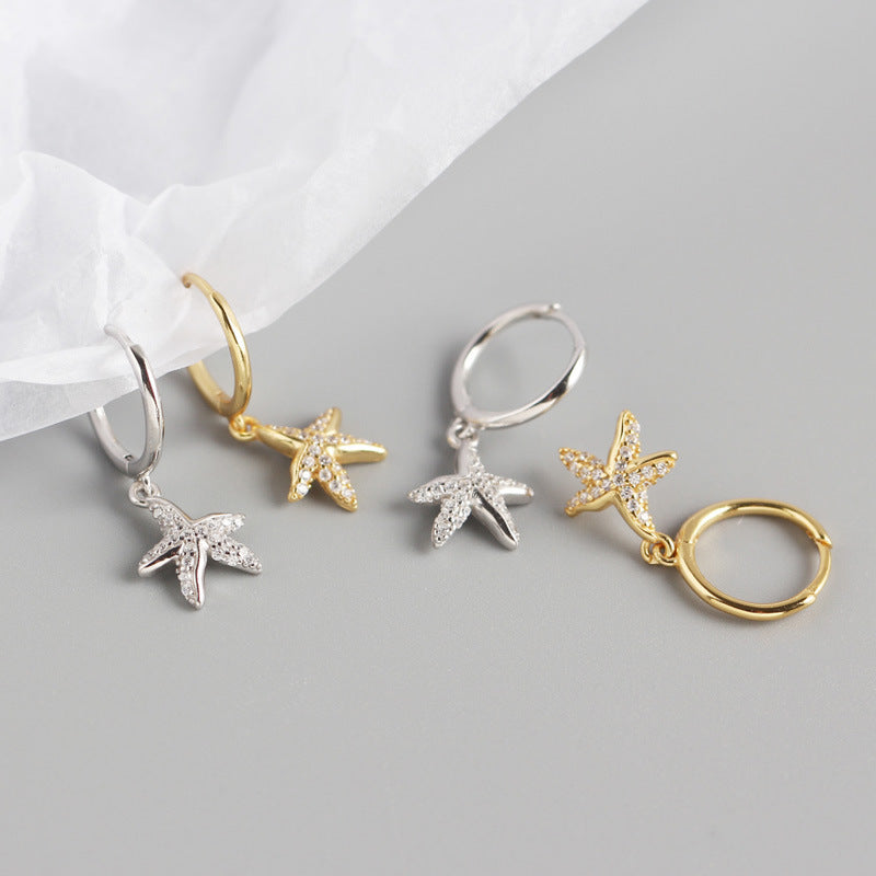 Holiday Cute CZ Starfish 925 Sterling Silver Drop Dangling Earrings