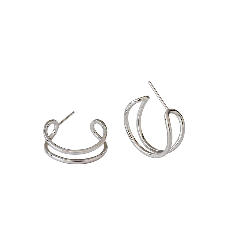 Simple Hollow Double Layers 925 Sterling Silver Hoop Earrings