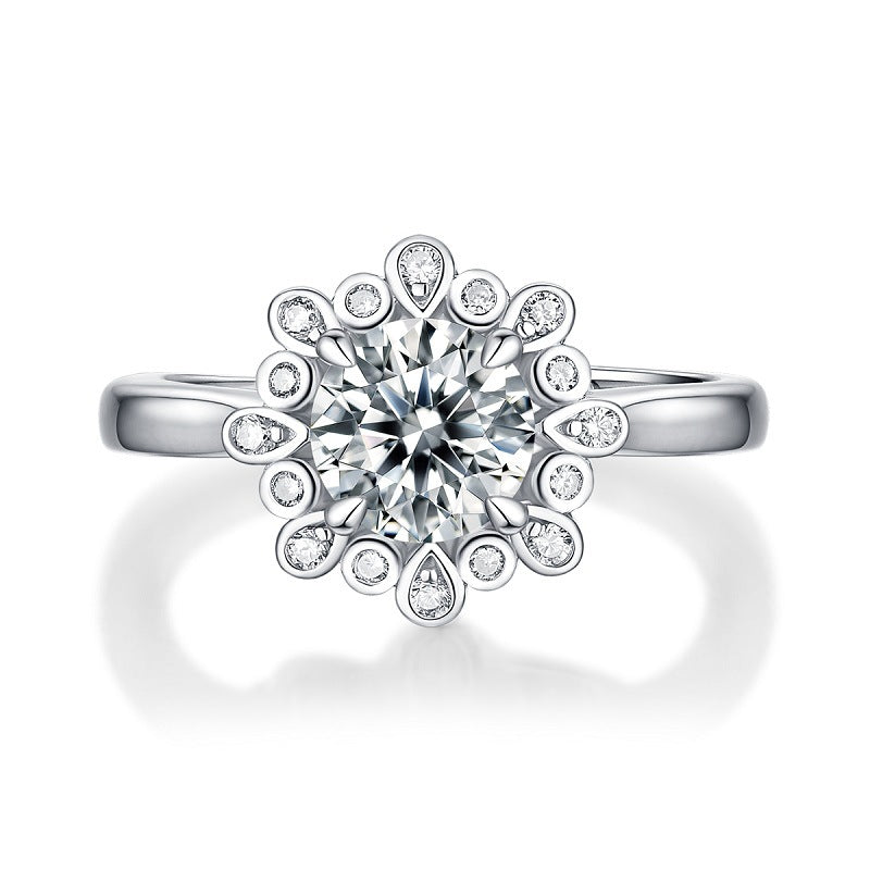 Wedding Moissanite CZ Peonies Flower 925 Sterling Silver Adjustable Ring