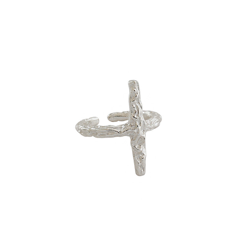 Classic Irregular Beaten Cross  925 Sterling Silver Adjustable Ring