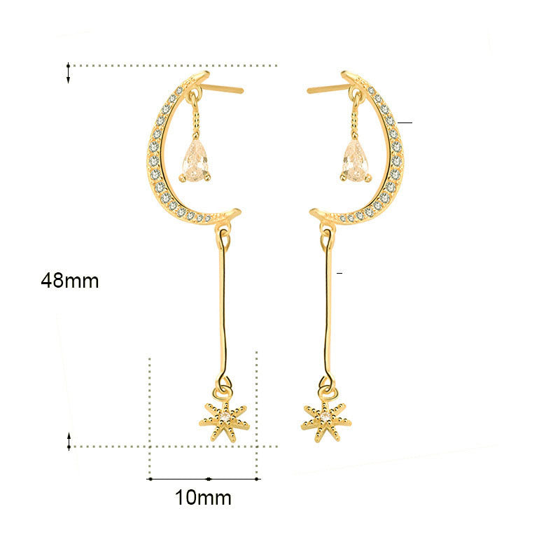 Elegant CZ Crescent Moon Stars 925 Sterling Silver Dangling Earrings