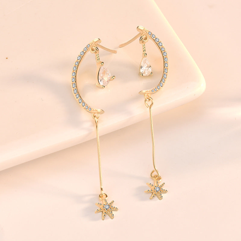 Elegant CZ Crescent Moon Stars 925 Sterling Silver Dangling Earrings