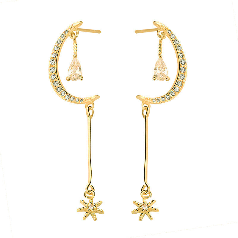 Elegant CZ Crescent Moon Stars 925 Sterling Silver Dangling Earrings