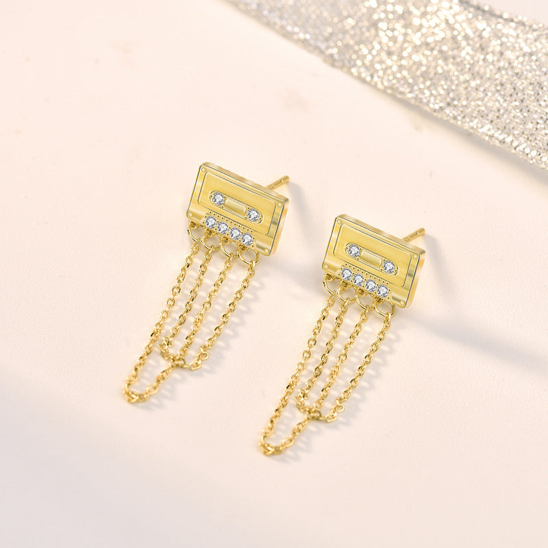 Fashion CZ Tape-Recorder Tassels 925 Sterling Silver Dangling Earrings