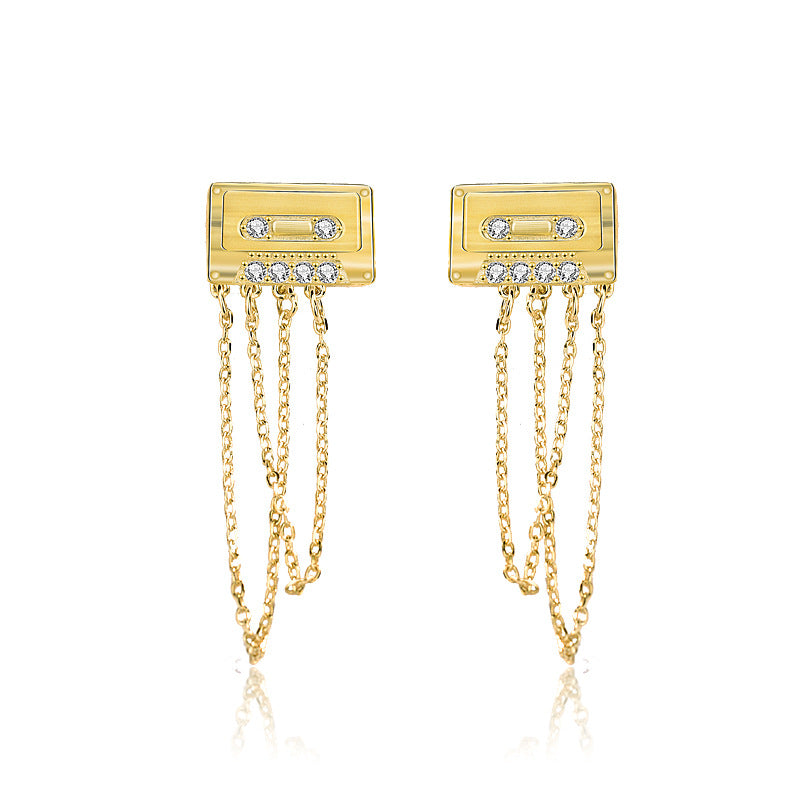 Fashion CZ Tape-Recorder Tassels 925 Sterling Silver Dangling Earrings