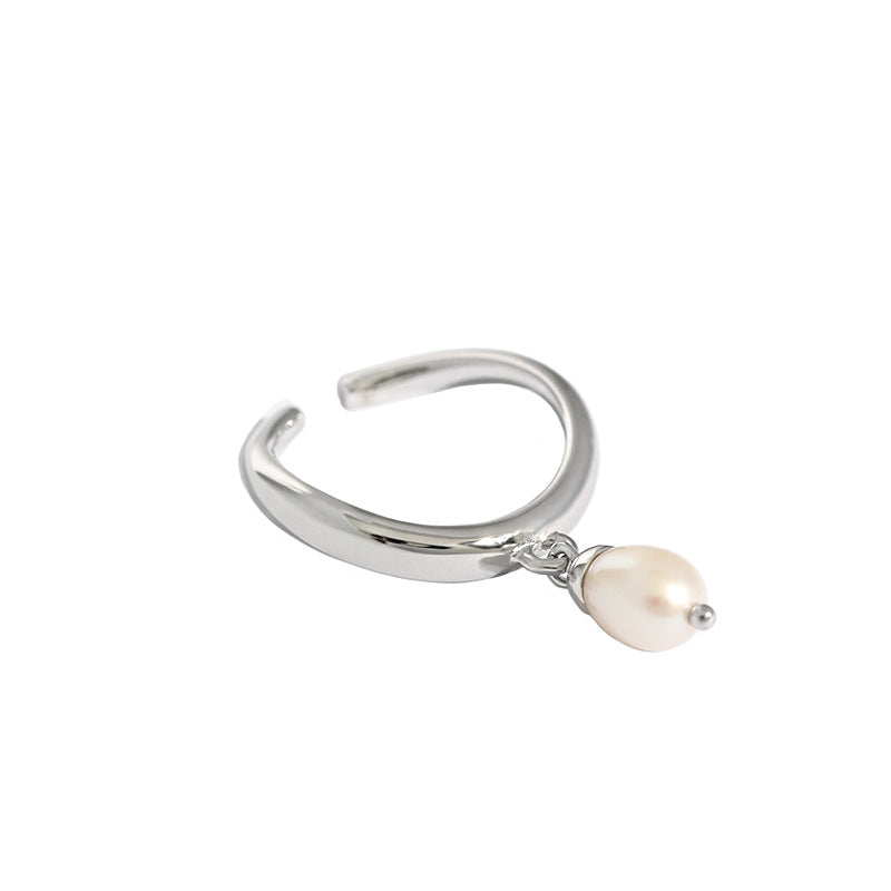 Women Oval Natural Pearl 925 Sterling Silver Adjustable Ring