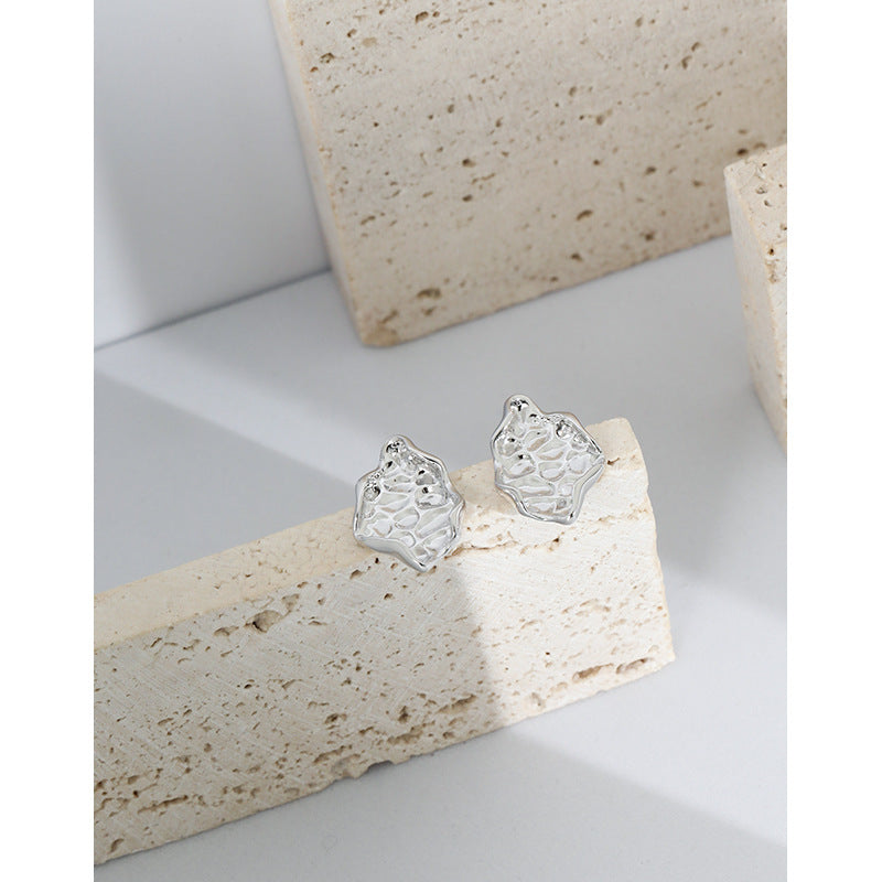 Geometry Irregular Beaten Stone 925 Sterling Silver Stud Earrings