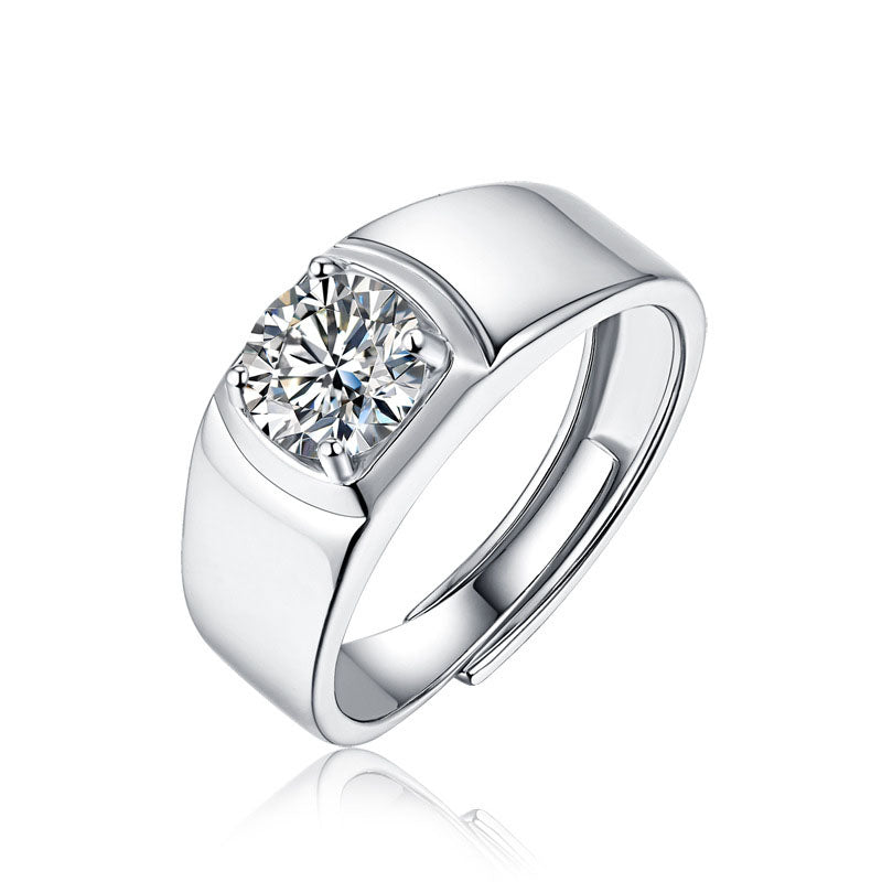 Men's Round Moissanite CZ Wide 925 Sterling Silver Adjustable Ring