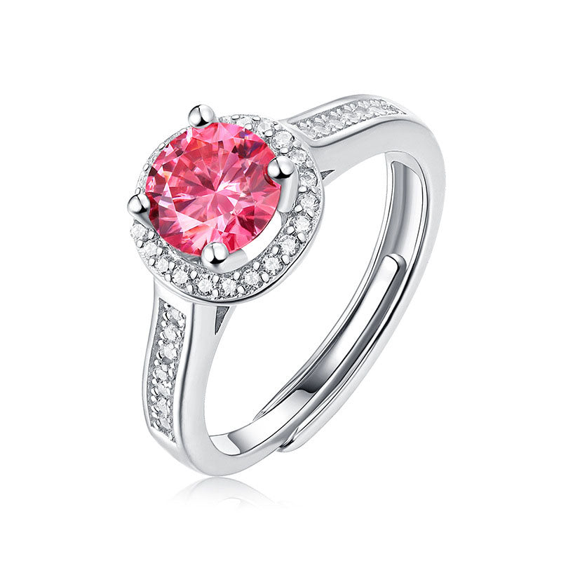 Women Pink Round Moissanite CZ 925 Sterling Silver Adjustable Ring