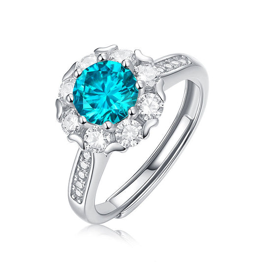 Women Blue Round Moissanite CZ Flower 925 Sterling Silver Adjustable Ring