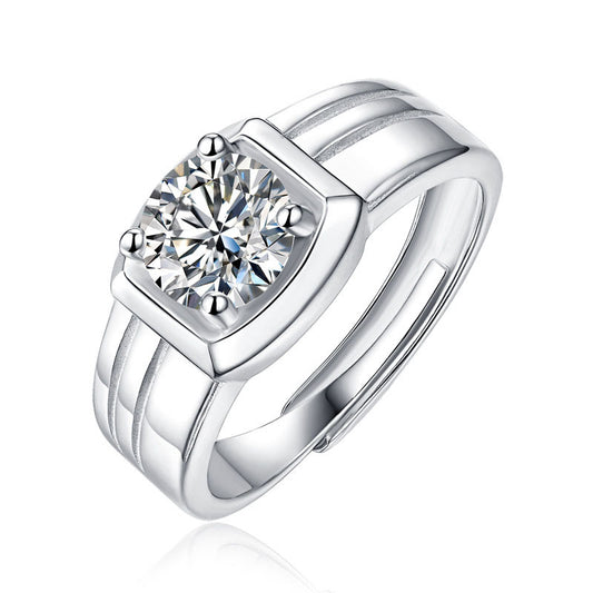 Men Moissanite CZ Geometry Square 925 Sterling Silver Adjustable Ring