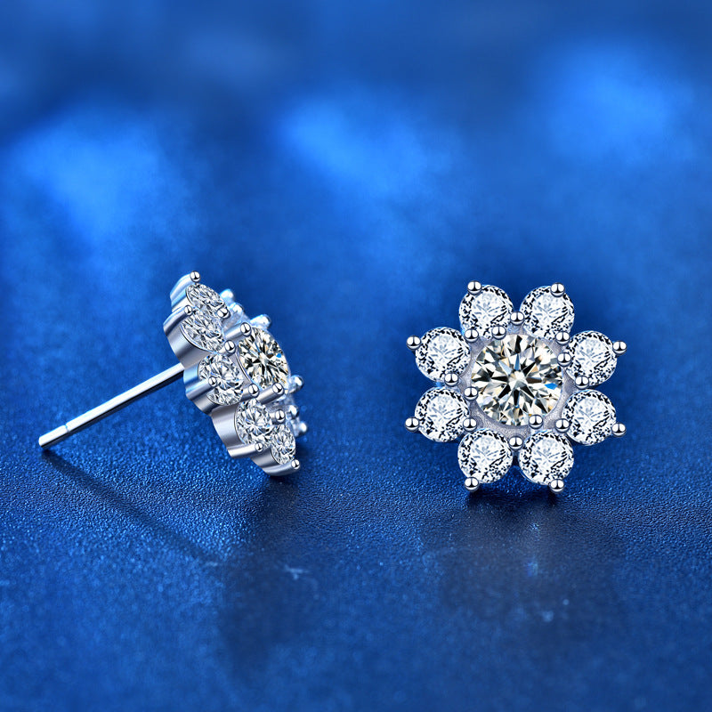 Office Moissanite CZ Sunflower 925 Sterling Silver Stud Earrings