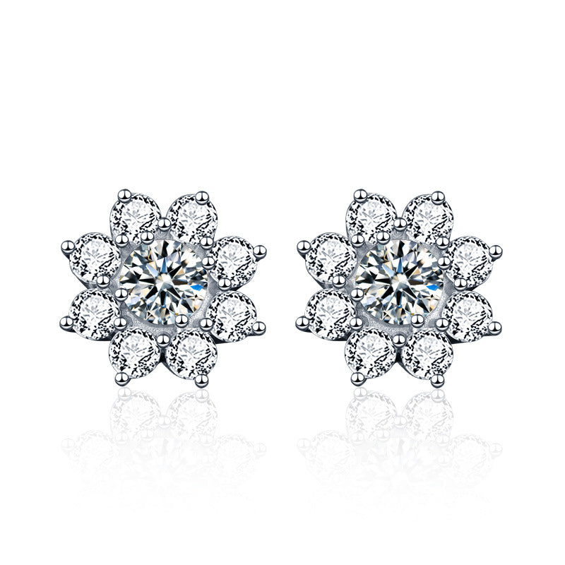 Office Moissanite CZ Sunflower 925 Sterling Silver Stud Earrings