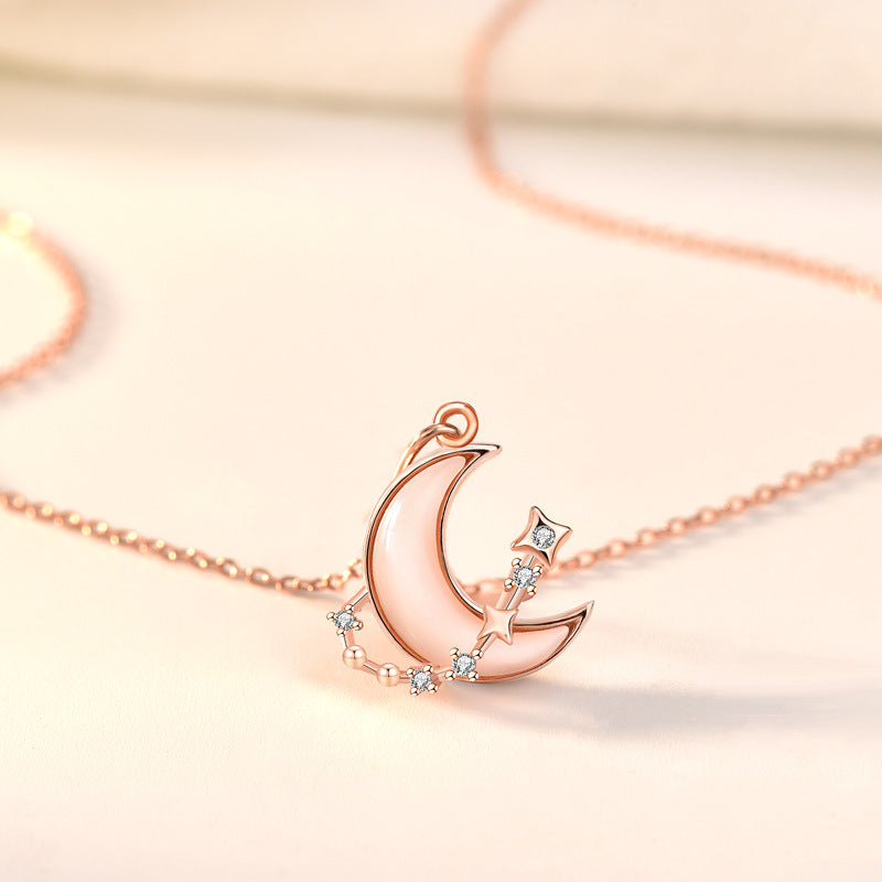 Women Shell Crescent Moon CZ 925 Sterling Silver Necklace