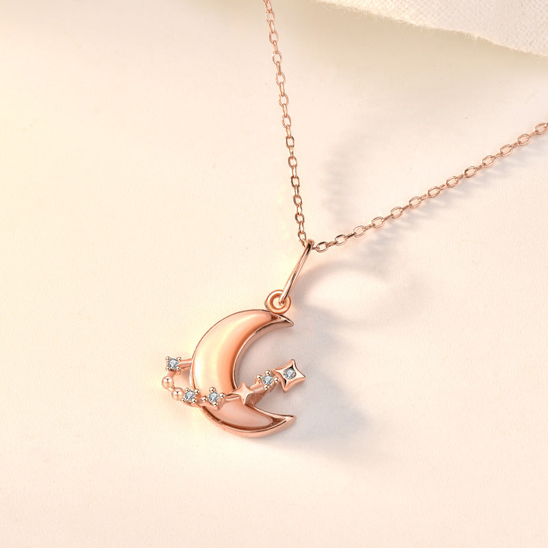 Women Shell Crescent Moon CZ 925 Sterling Silver Necklace