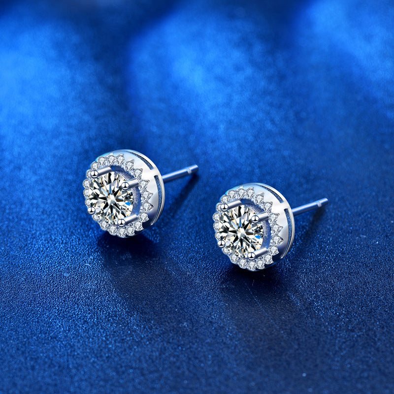 Geometry Round Moissanite CZ Simple 925 Sterling Silver Stud Earrings