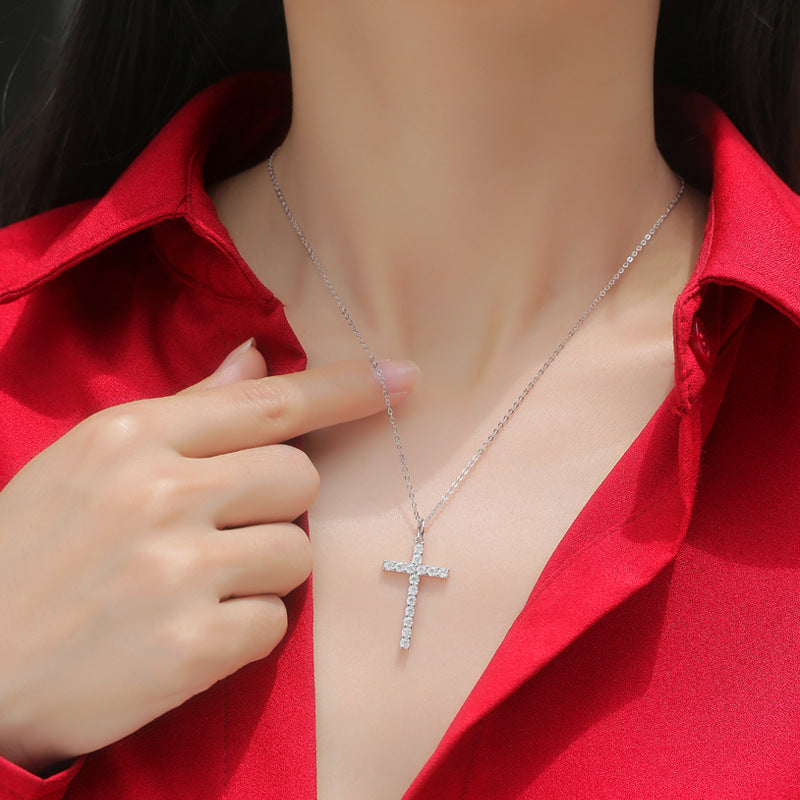 Classic Moissanite CZ Cross 925 Sterling Silver Necklace