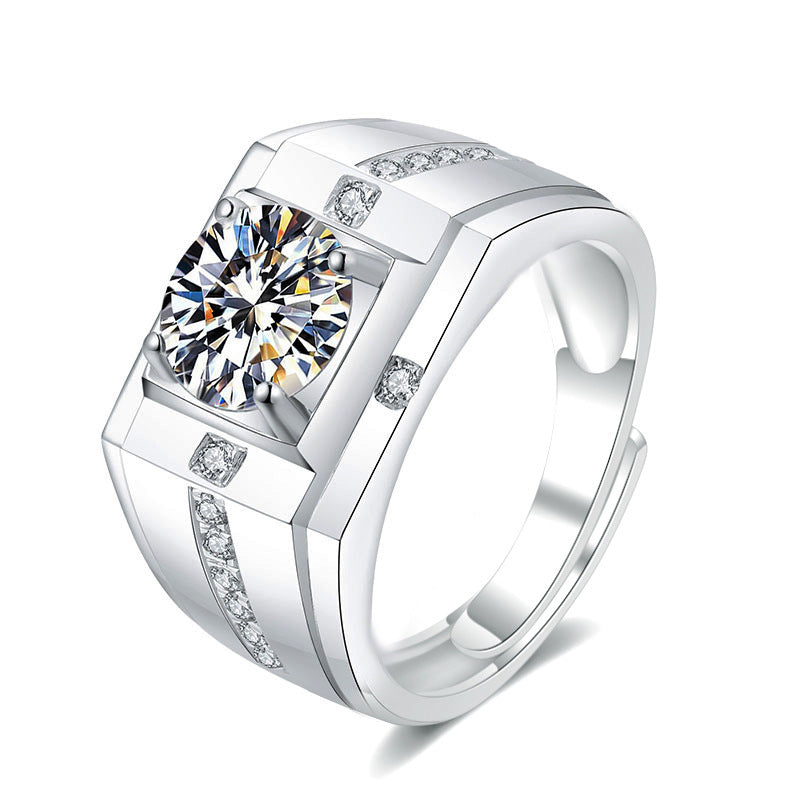 Men's Geometry Square Moissanite CZ Wide 925 Sterling Silver Ring