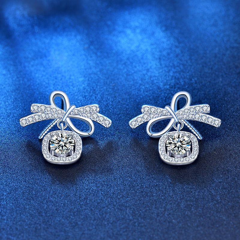 Sweet Bow-knot Moissanite CZ 925 Sterling Silver Stud Earrings