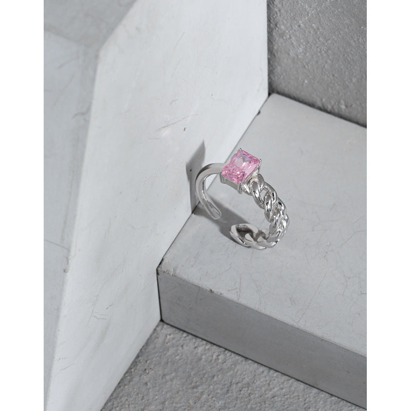 Geometry Rectangle CZ Chain 925 Sterling Silver Adjustable Ring