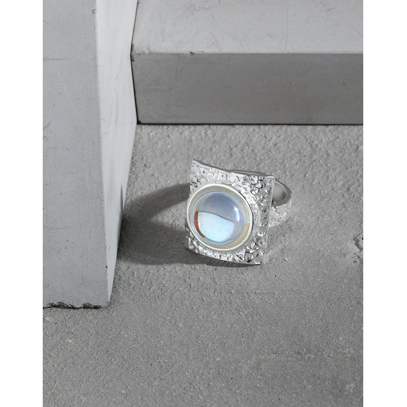 Geometry Oval Natural Crystal Square 925 Sterling Silver Adjustable Ring