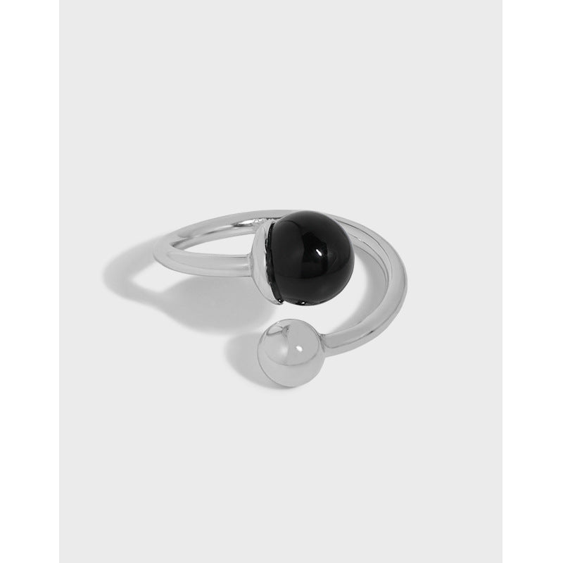 Holiday Natural Black Agate Balls Two 925 Sterling Silver Adjustable Ring