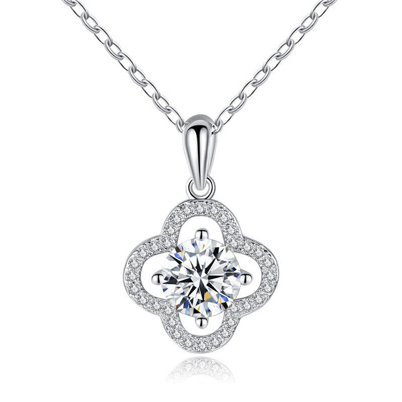 Women Moissanite CZ Hollow Four Leaf Clover Lucky 925 Sterling Silver Necklace