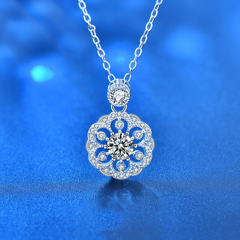 Women Sakura Flower Moissanite CZ 925 Sterling Silver Necklace