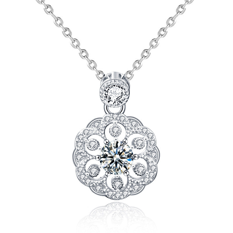 Women Sakura Flower Moissanite CZ 925 Sterling Silver Necklace